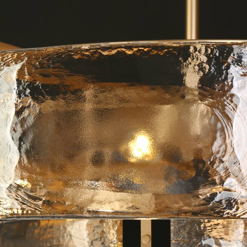 Modern 15-Light Black Gold Drum Chandelier 2-Tier Textured Glass Light - D 31.5" x H 12"