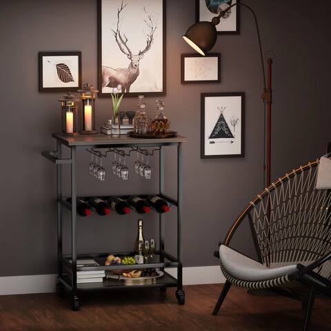 Bar Cart, Dining Cart, Serving Cart with Wheels for Home Kitchen with Glass Stemware Rack and Wine Bottle Holders - N/A