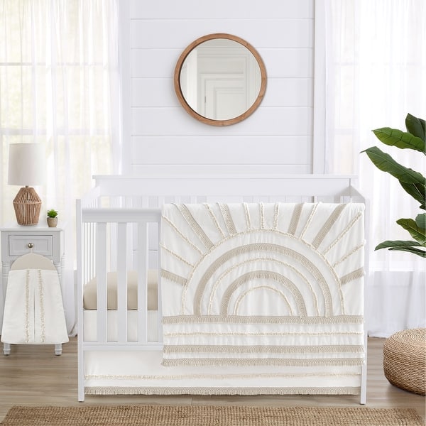 slide 2 of 6, Sweet Jojo Designs Ivory Boho Chic Sun Boy Girl 4p Nursery Crib Bedding Set Cotton Bohemian Gender Neutral Beige Tufted Fringe