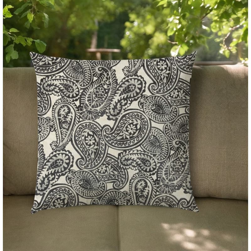20" Gray Black and Cream Paisley Indoor Outdoor Throw Pillow Cover - Gray Black and Cream