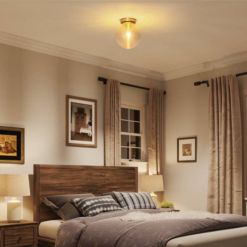 9.84 in. 1-Light Modern Brushed Gold Ribbed Clear Glass Globe Semi-Flush Mount Ceiling Light - 9.84 in. W x 10.63 in. H