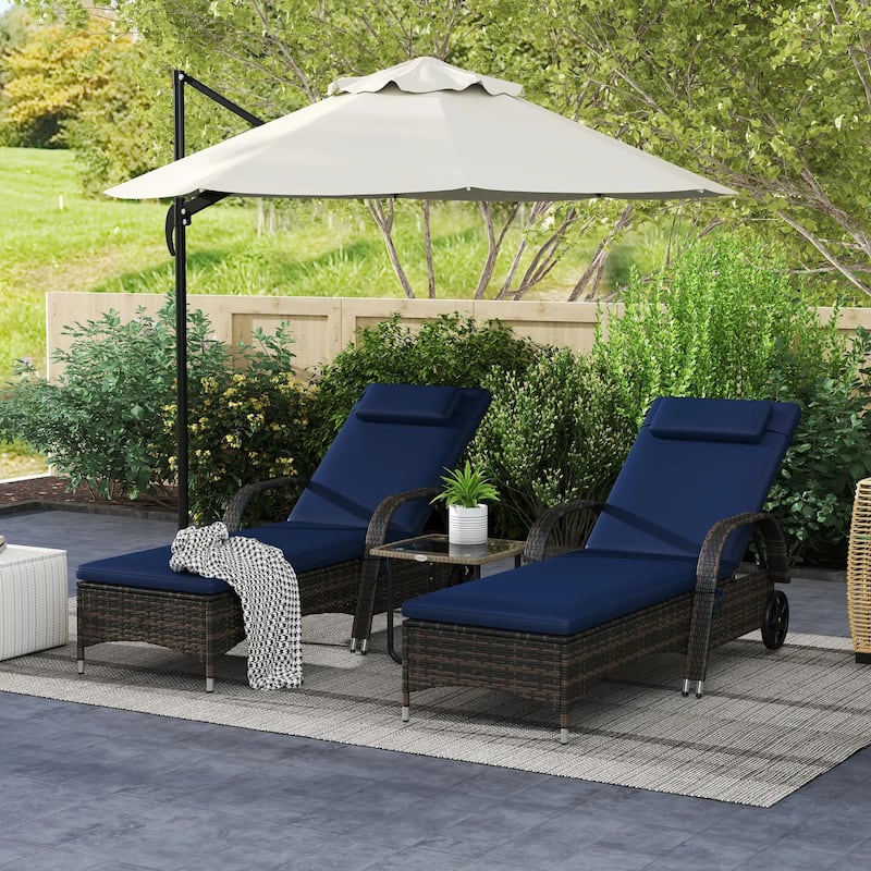 Reclining Chaise Lounge Set of 2, Outdoor Chairs,Cushion,Pillow,Wheels - Dark Blue
