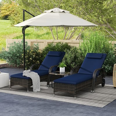 Reclining Chaise Lounge Set of 2, Outdoor Chairs,Cushion,Pillow,Wheels