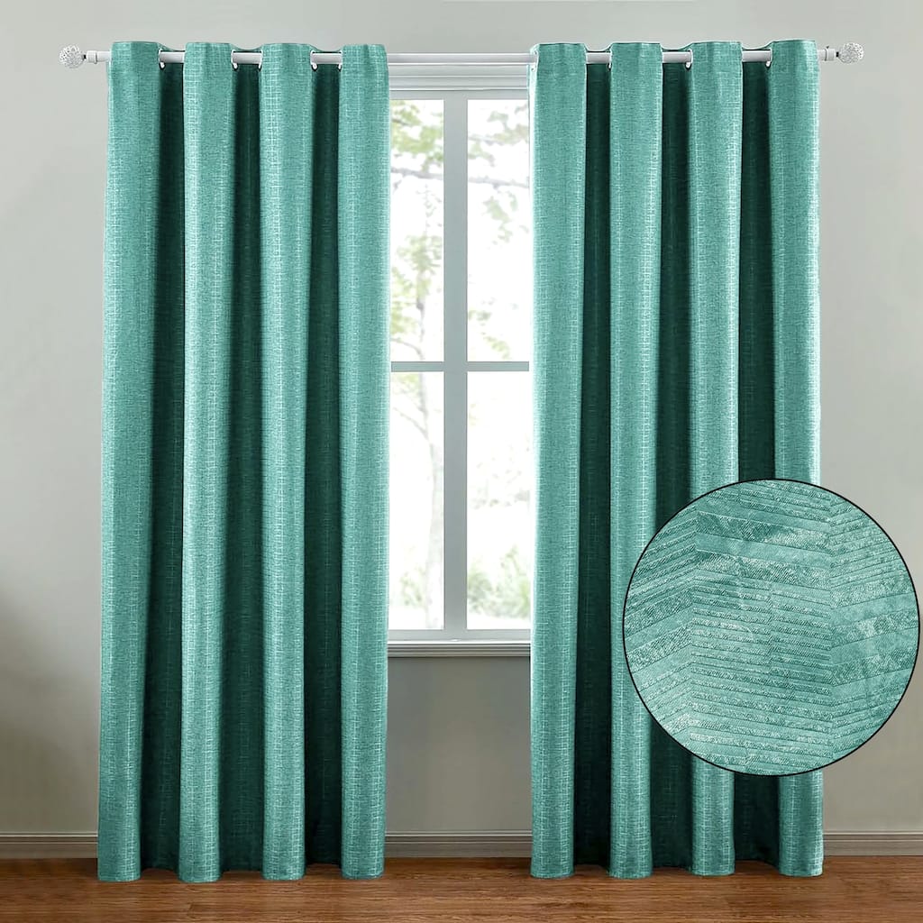 108" Long - 2 Piece Teal Solid Silky Geometric Embossed Blackout Grommet Window Curtain Panel Set - 104" x 108"
