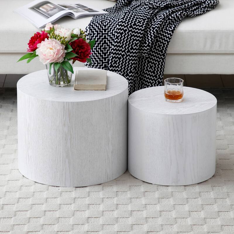 Wood Grain Coffee Table Set of 2 Round Nesting Side Table Lightweight End Table Modern Accent Table, No Assembly Required