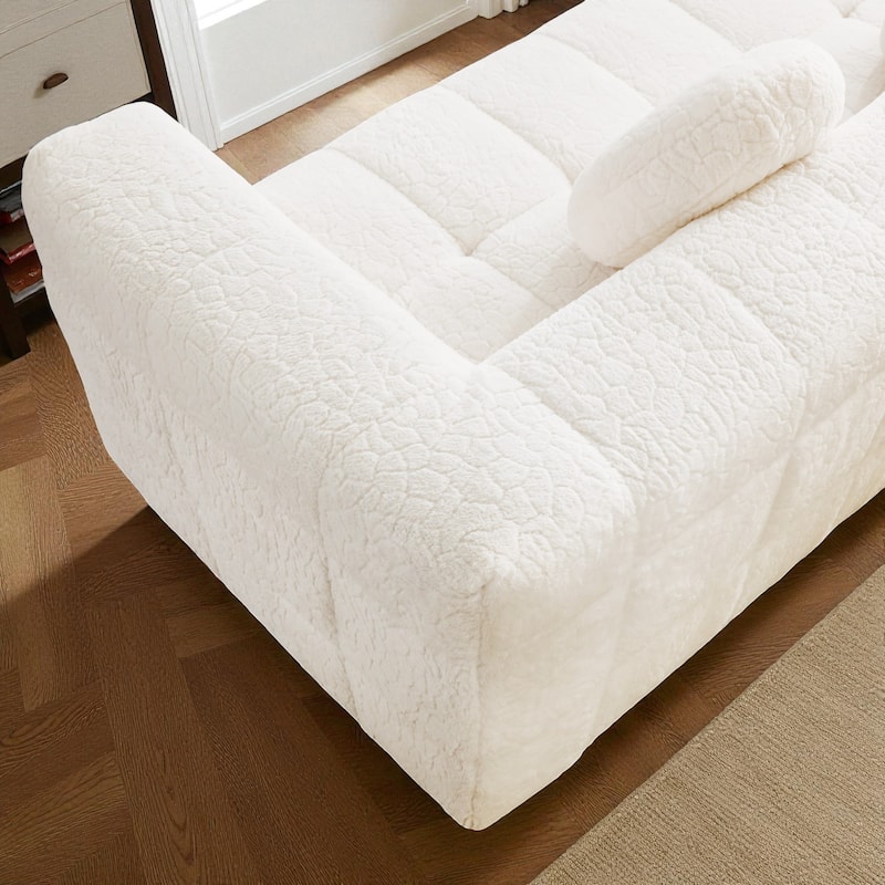 66.5" Modern Boneless Cloud Sofa, 2-Seater Foam Couch with Checkered Design & Plush Lychee-Textured Fabric, Circular Pillows