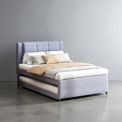 Full Size Upholstered Platform Bed with Adjustable Trundle, Linen Headboard, No Box Spring Needed