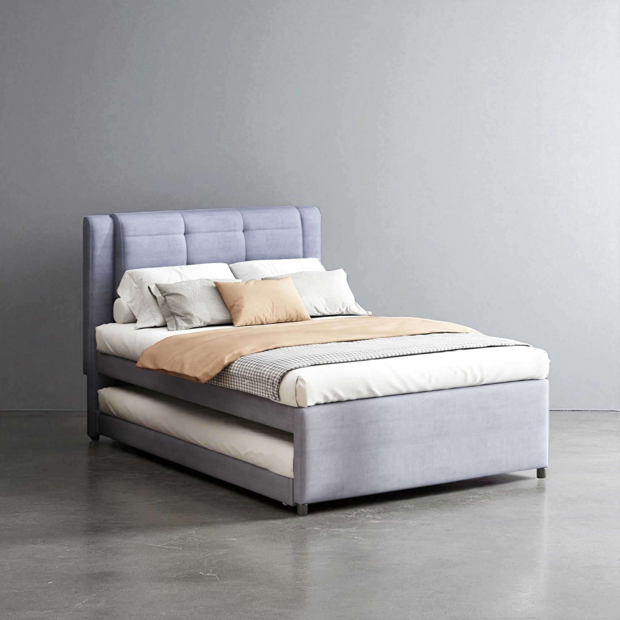 Full Size Upholstered Platform Bed with Adjustable Trundle, Linen Headboard, No Box Spring Needed