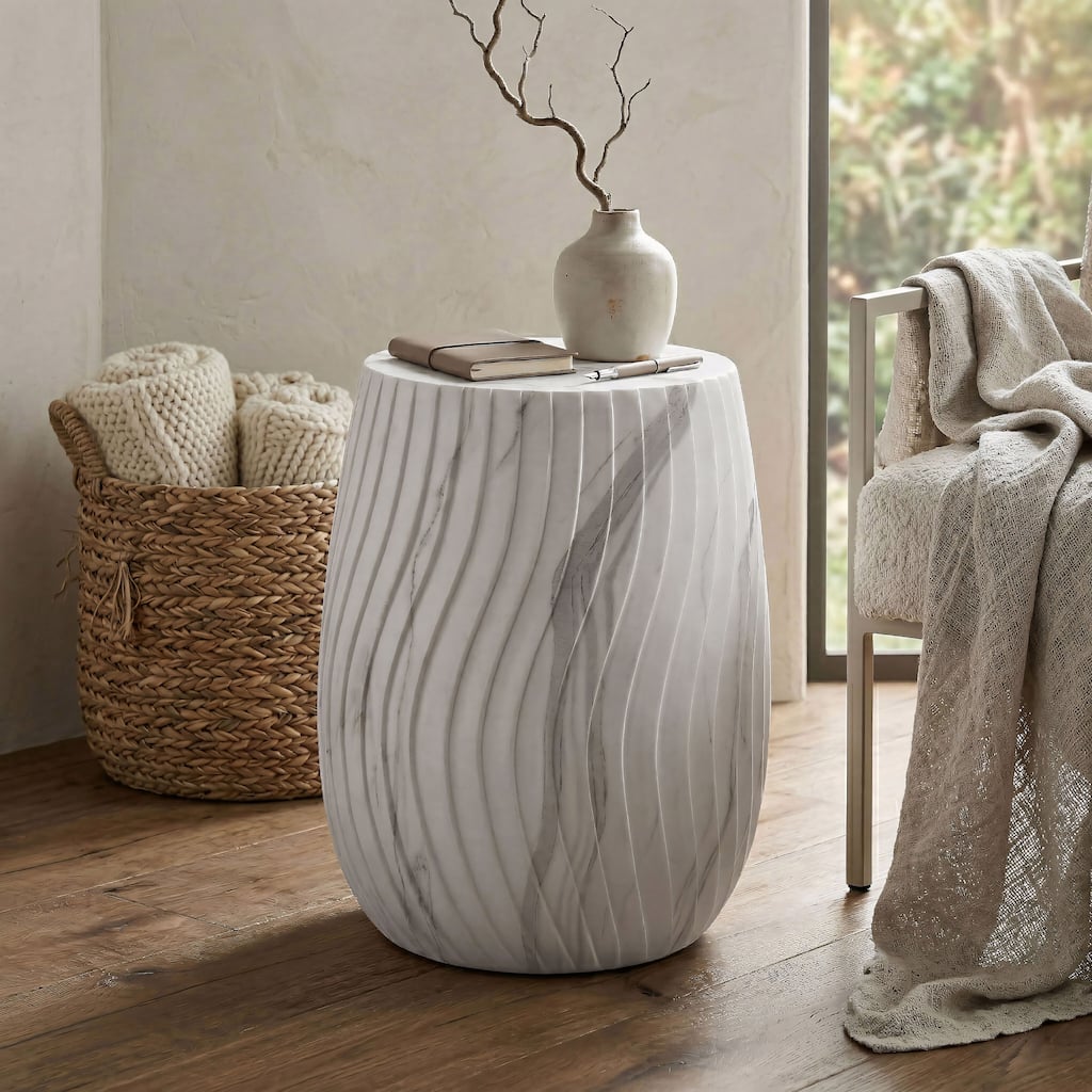 Furniture of America Pebba Modern White Ceramic Indoor/Outdoor Round Side Table with Marble Look