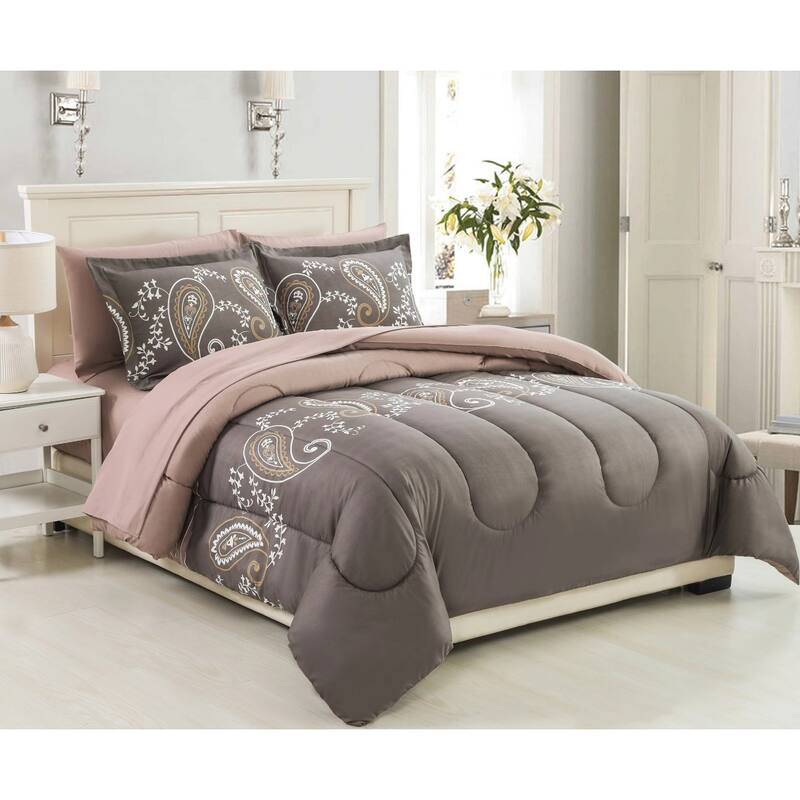 Bed in a Bag Soft Fluffy Goose Down Alternative Printed Comforter Set Includes Sheet Set, Taupe Floral Paisley Pattern - Taupe, Brown, White, Gold - Twin