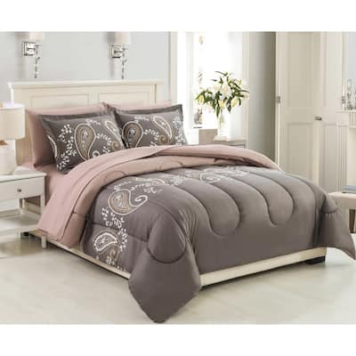 Bed in a Bag Soft Fluffy Goose Down Alternative Printed Comforter Set Includes Sheet Set, Taupe Floral Paisley Pattern