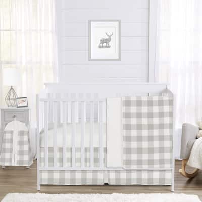 Sweet Jojo Designs Gray White Rustic Woodland Flannel Grey Buffalo Plaid Check Collection Boy Girl 4-pc Nursery Crib Bedding Set