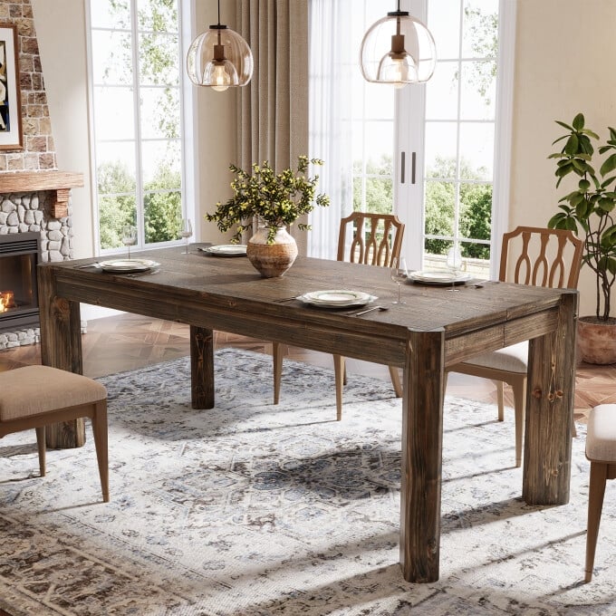 63" Solid Wood Dining Table, Rectangular Rustic Kitchen Table For 4-6