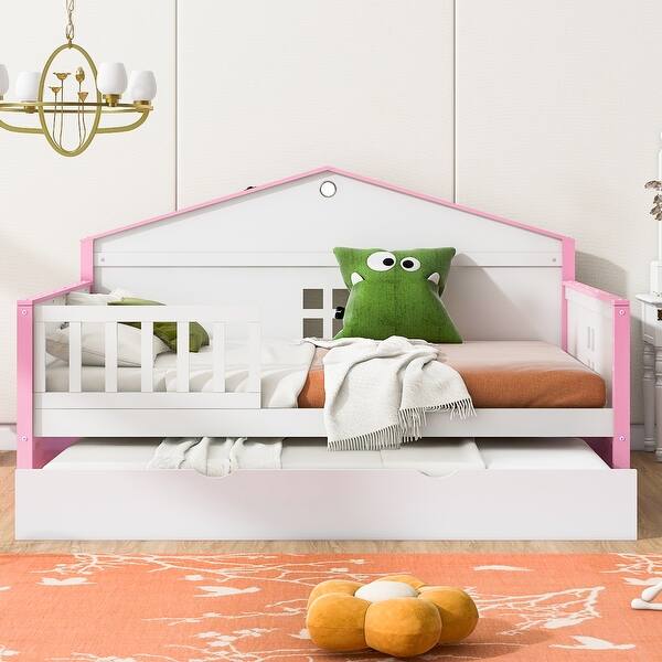 slide 2 of 9, Full size Wooden Daybed with Trundle and Sensor Light, Pink Pink - Full