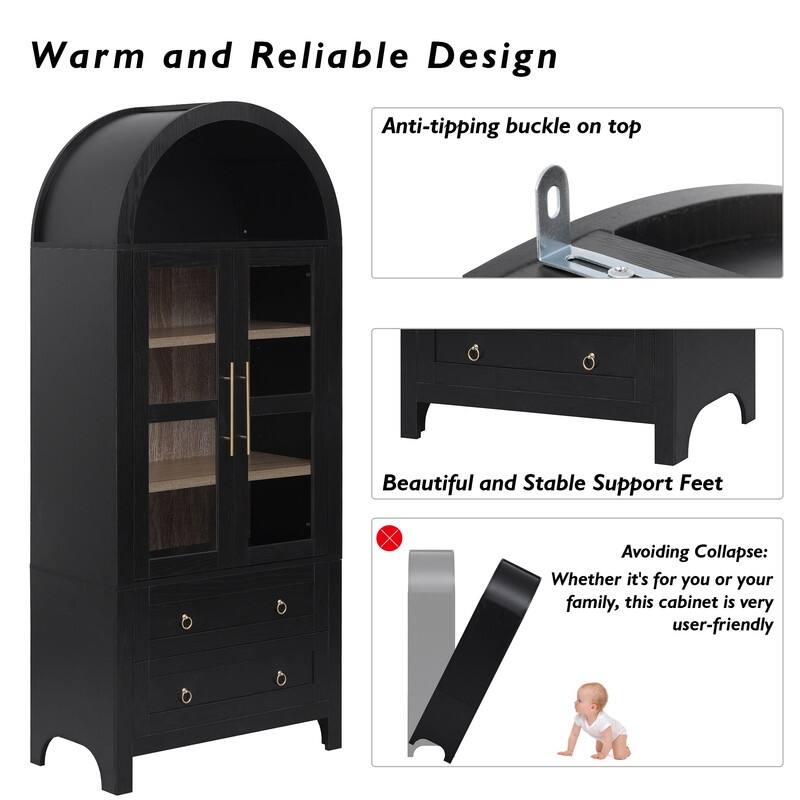 Farmhouse 71" Tall Arched Kitchen Pantry Cabinet with 2 Large Drawers, Modern Kitchen Storage Cabinets with Adjustable Shelves