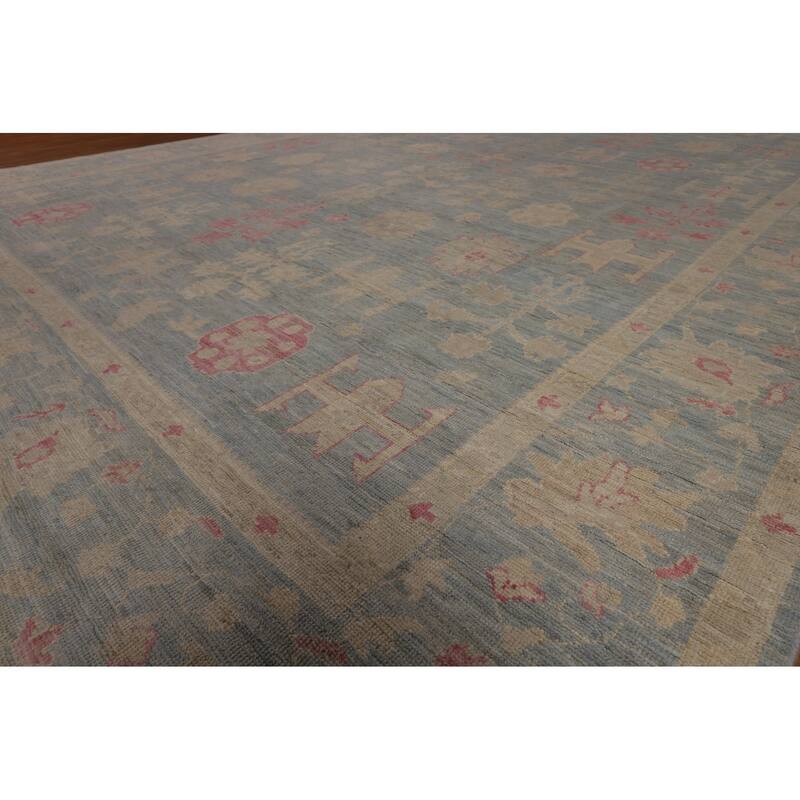Blue Oushak Vegetable Dye Turkish Large Rug Hand-Knotted Wool Carpet - 9'9"x 13'11"