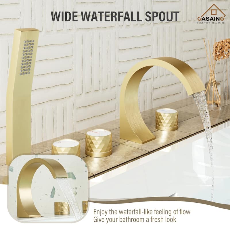 Waterfall 3-Handles Deck-Mount Roman Tub Faucet with Hand Shower (Valve Included)
