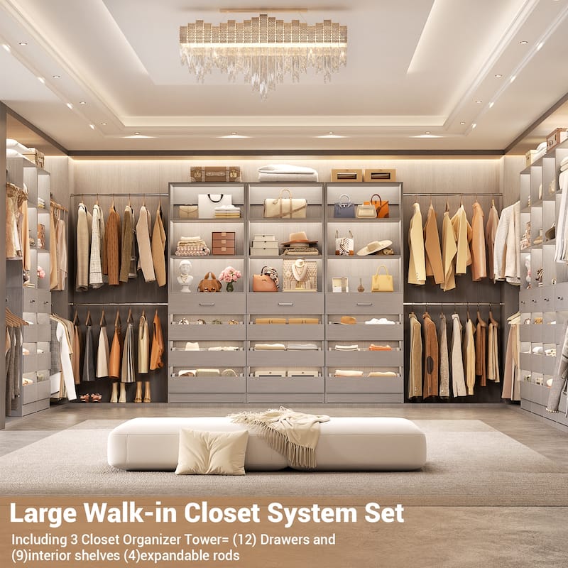 140'' Walk-in Closet Organizer System with 12 Drawers ＆ 4 Hanging Rods, 8.5-11.5FT Wooden Wardrobe Clothes Rack with 3 Towers