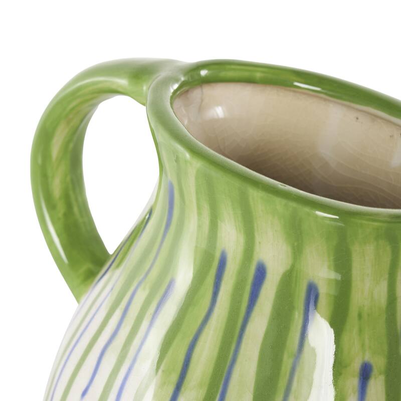 White Ceramic Abstract Decorative Vase with Green and Blue Drip Design and Handle