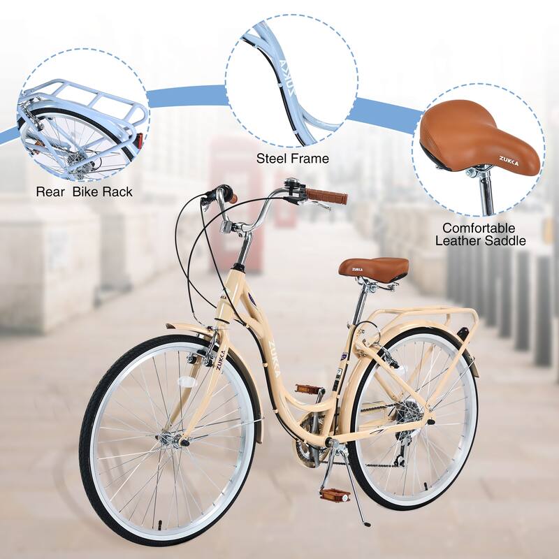 26 Inch Women's Bike, 7-Speed Shimano Shifter, Steel Frame, City Commuter Bicycle with Brown Leather Saddle and V Brakes