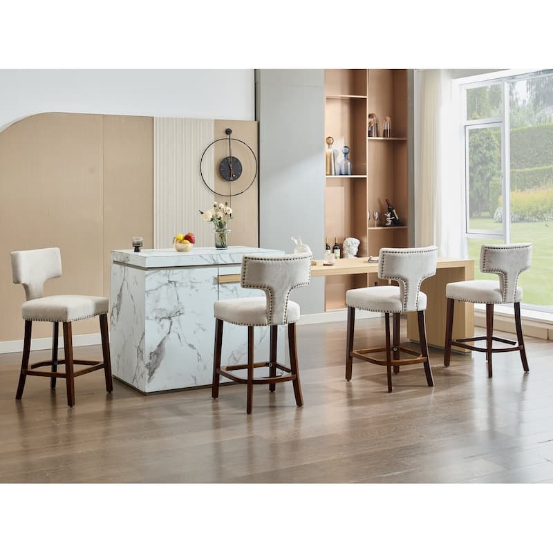 Counter Height Bar Stools Set of 2, Farmhouse Linen Fabric Upholstered Accent Chair Curved Backrest with Copper Nails around
