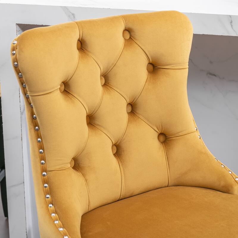 2 Velvet Upholstered Barstools with Button Tufted and Wooden Legs, and Chrome Nailhead Trim - N/A