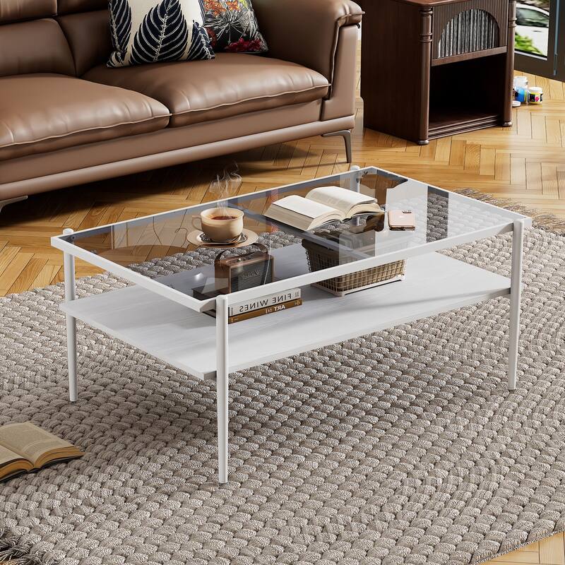Rectangle Coffee Table with Gray Tempered Glass top and White Legs