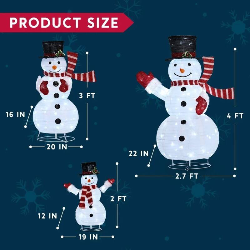 Joyfy 3Pcs 3D Christmas Collapsible Snowman Light with 270 White LED Lights