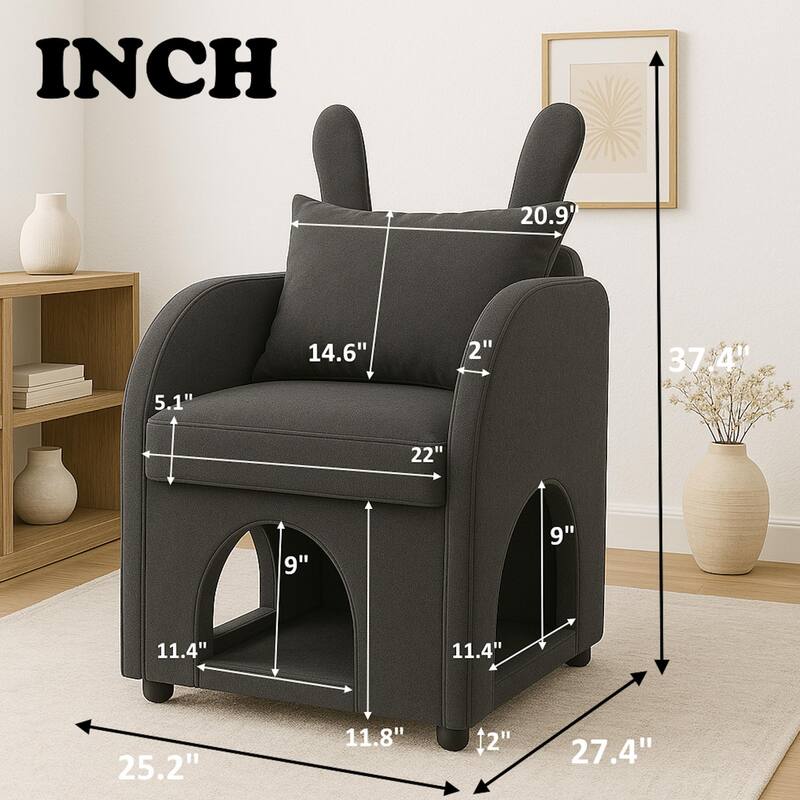 Gray Bunny-Ear Pet-Friendly Armchair with Hideaway, Scratch-Resistant Fabric, Triple-Entry, Compact Design