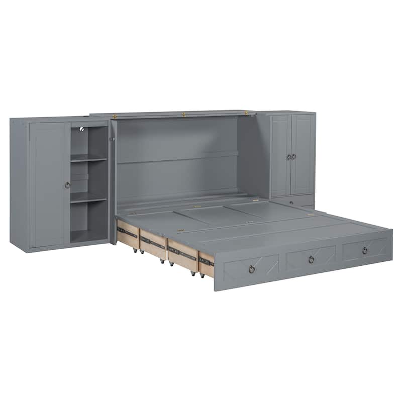 Queen Size Murphy Bed with USB Port, Little Wardrobes and Drawers, Gray