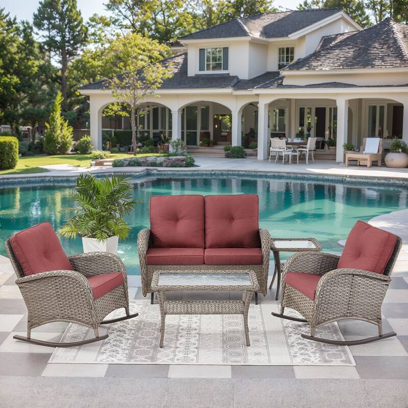 Outdoor Glider Sofa Rocker Chairs Coffee Table - Grey - Red