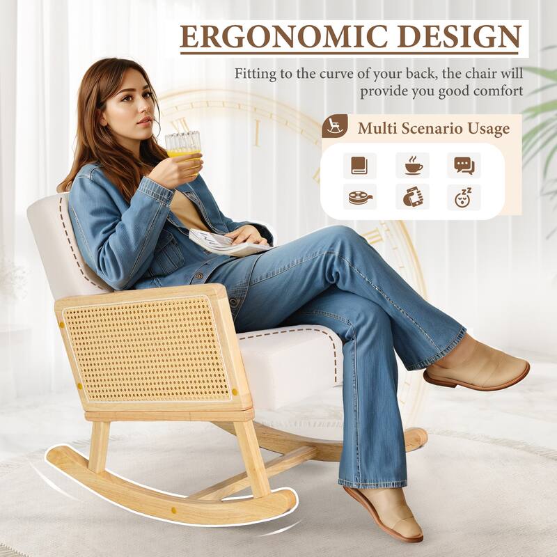 Furniwell Upholstered Living Room Accent Chair with Pillow, Single Sofa with Rattan Wooden Armrests