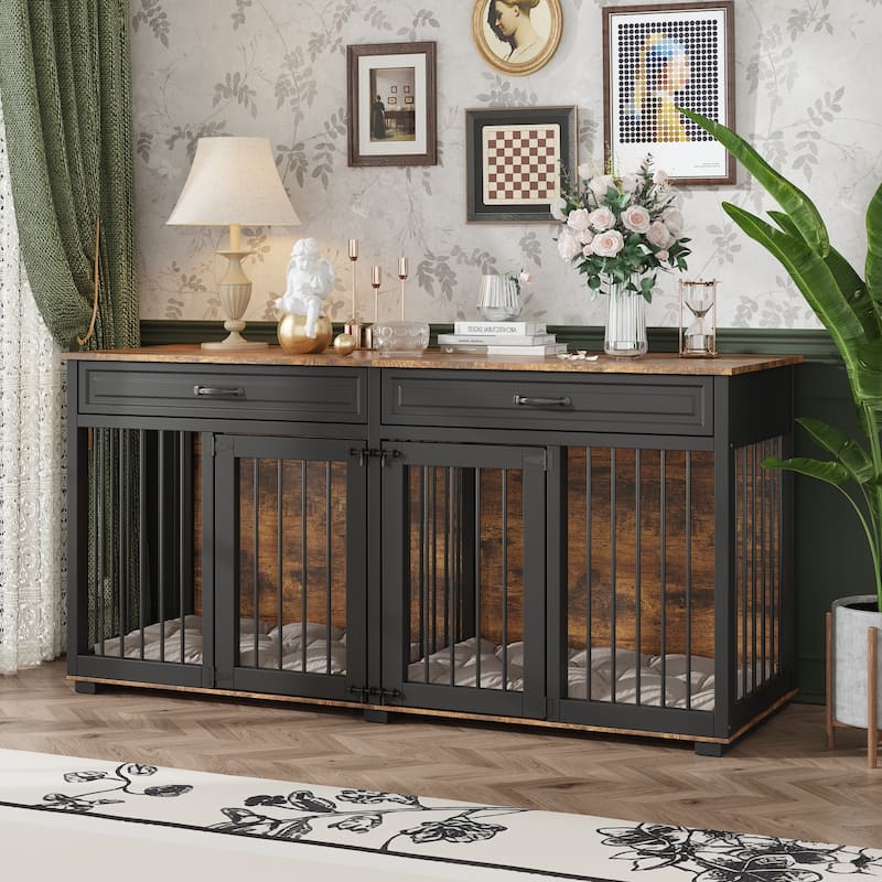 Furniture Style Double Dog Crate with Drawers, 64.6" Wooden Pet Kennel End Table, Removable Divider, Heavy Duty Metal Bars