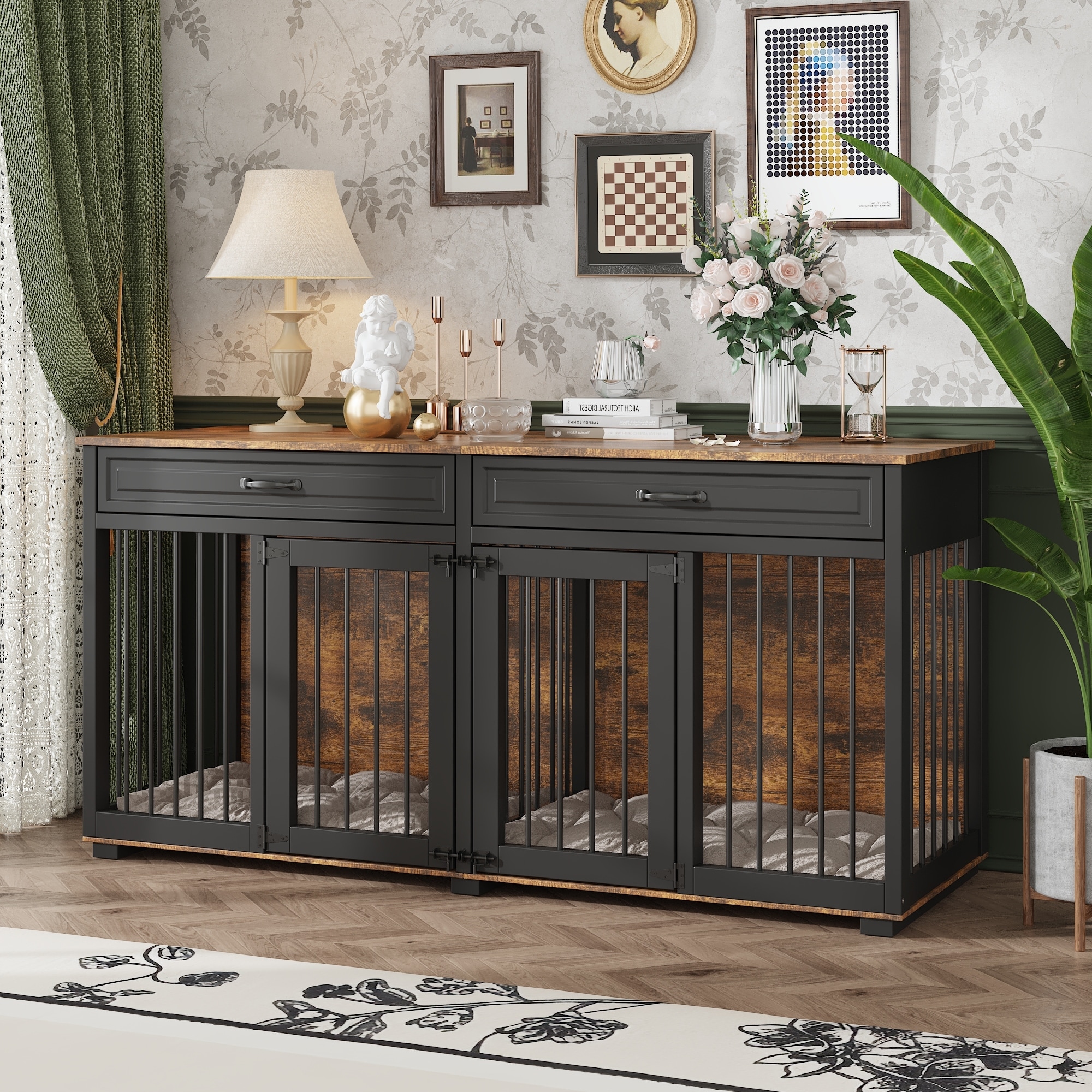Furniture Style Double Dog Crate with Drawers, 64.6" Wooden Pet Kennel End Table, Removable Divider, Heavy Duty Metal Bars