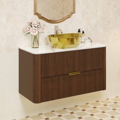 36" Luxury Floating Bathroom Vanities with Gold Single Sink, Brown Wood Cabinets with 2 Drawers