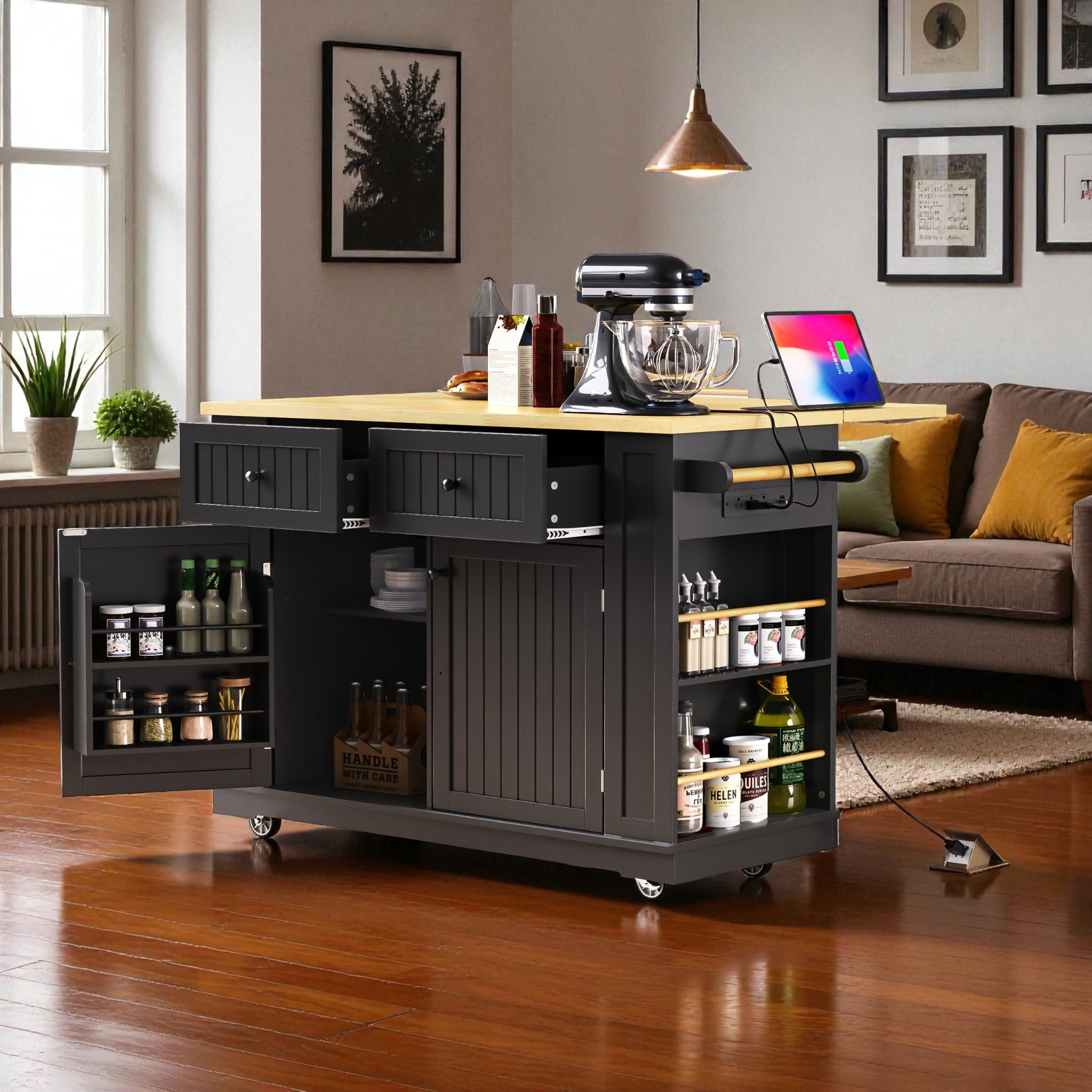 48" Kitchen Island with Drop Leaf & Power Outlet, Rolling Storage Cart with Internal Racks, Drawers & Shelves