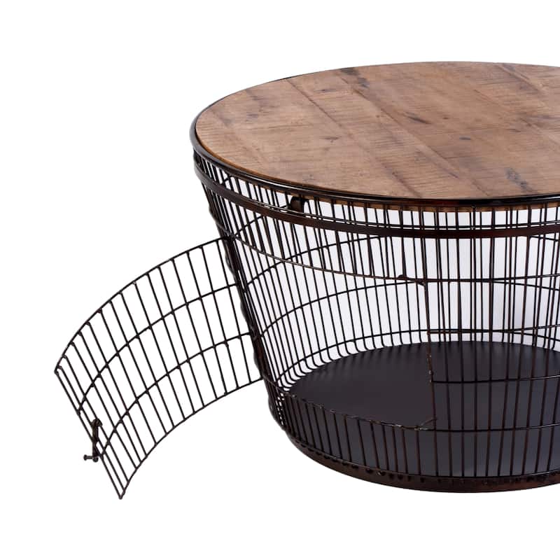 Fulton 28 in. W Round Iron and Wood Coffee Table with Decorative Handles