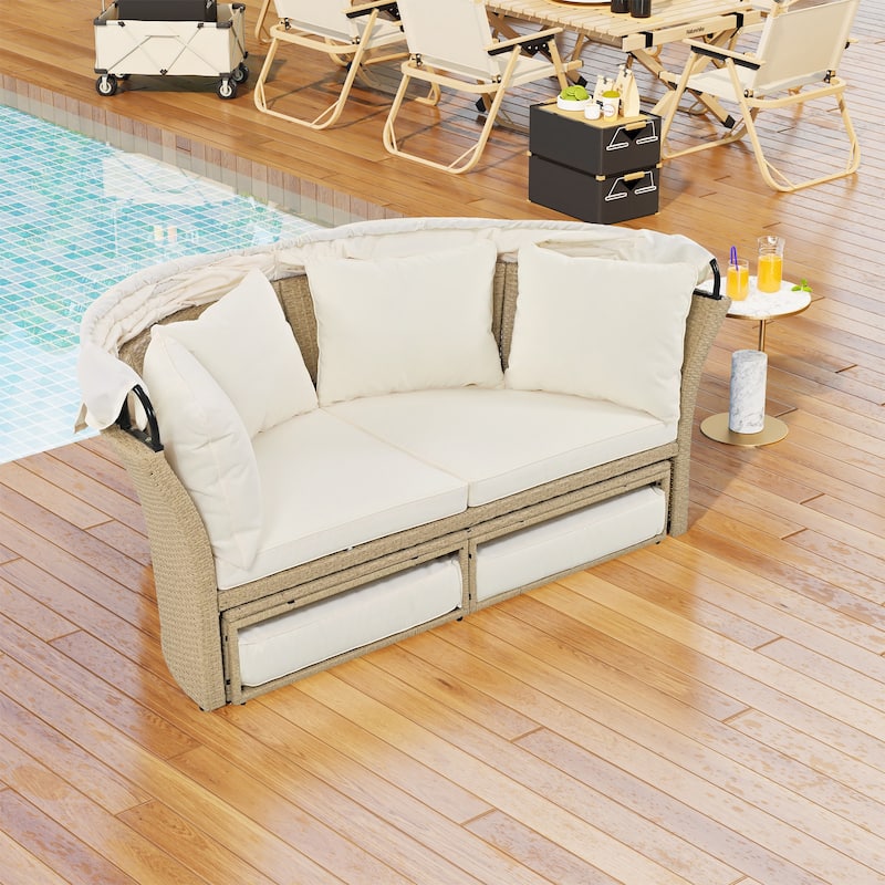 3 PCS Outdoor Patio Daybed, Daybed Round Sofa Furniture Set, with Retractable Canopy, 4 Pillows