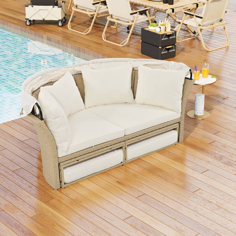 Beige Wicker Rattan Outdoor Patio Double Daybed with Retractable Canopy and 4 Pillows, Convertible Loveseat/Sofa Set