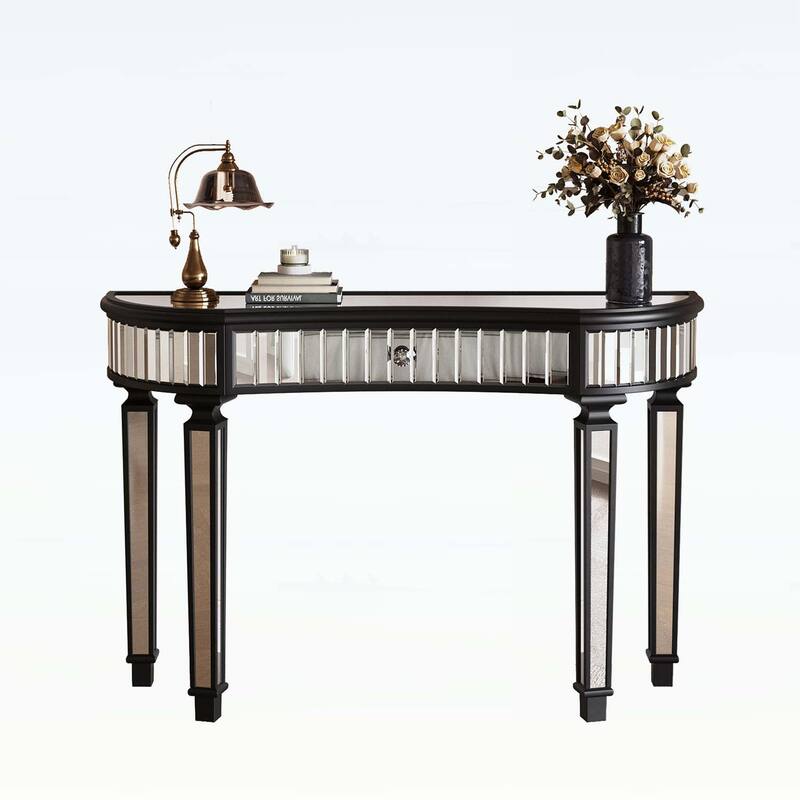 47-Inch Half-Moon Mirrored Console Table with Fluted Glass