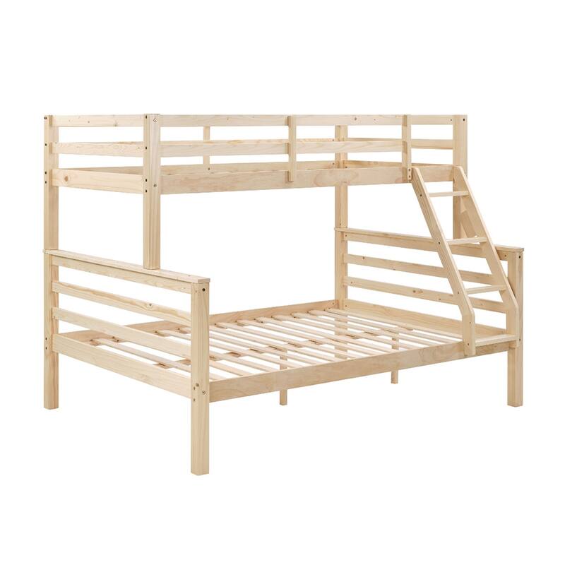 Twin over Full Wooden Bunk Bed,High Guardrail,Ladder,No Box Spring