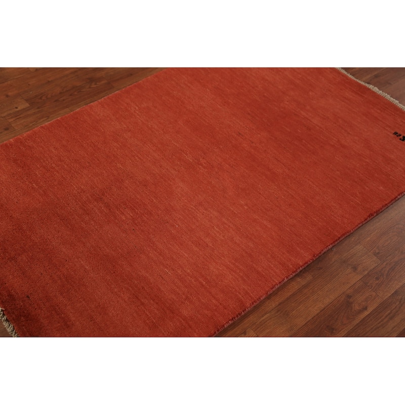 Orange Gabbeh Modern Rug Hand-Knotted Solid Wool Carpet - 3'2" x 4'11"
