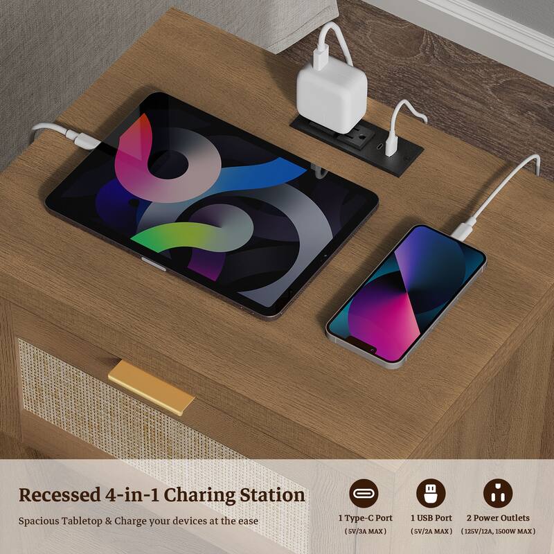 SICOTAS Farmhouse Set of 2 Nightstand with Charging Station and Drawers