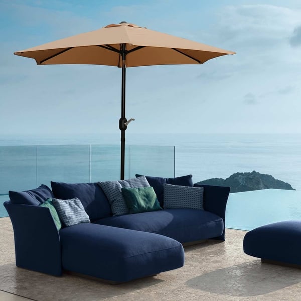 blue and tan patio umbrella 7.5-ft Tan Patio Umbrella with Tilt and Crank, UV-Resistant Polyester Outdoor Market Umbrella
