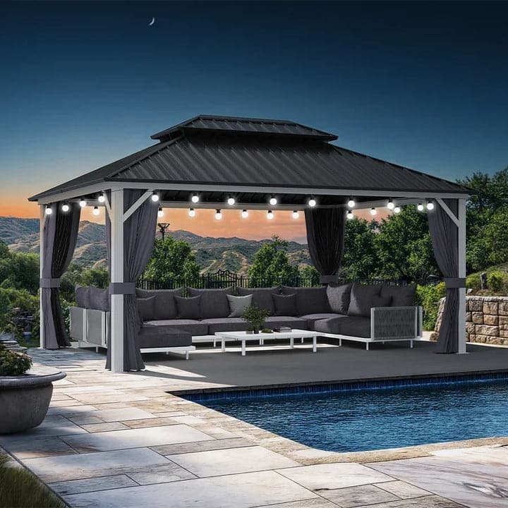 PURPLE LEAF Patio Hardtop Gazebo for Outdoor Grey Galvanized Steel Double Roof White Aluminum Poles - Grey with Light - 12' x 16'