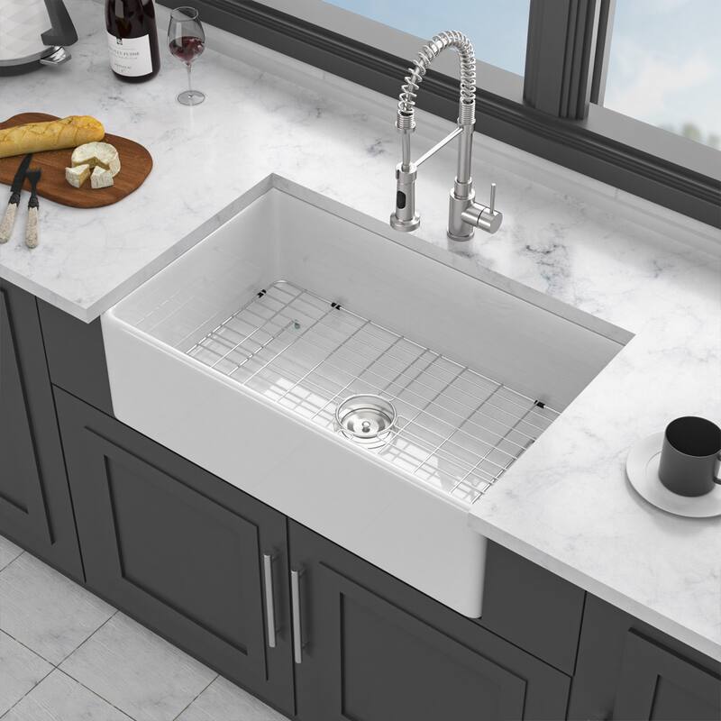 White Kitchen Sink - 33 x 18 x 10 inch White Porcelain Ceramic Single Bowl Reversible Design Kitchen Sink