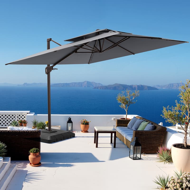 Outdoor Patio 10FT Square Cantilever Umbrella with 4-Piece Fillable Weighted Base - Dark Grey