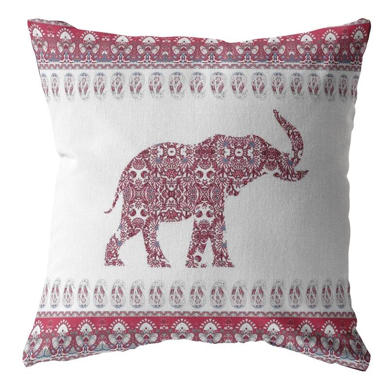 18" Red White Ornate Elephant Zippered Suede Throw Pillow