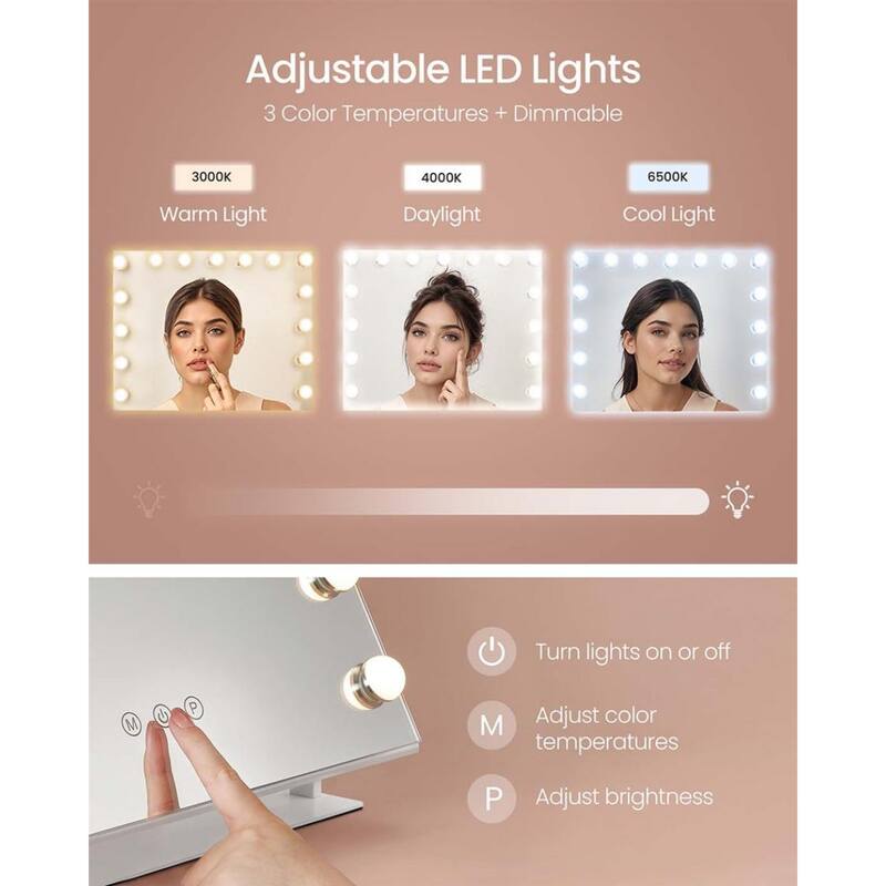 24" Makeup Vanity Mirror with LED Lights and Magnifier and USB Charging Adjustable Angle - 3.9"D x 24.6"W x 18"H