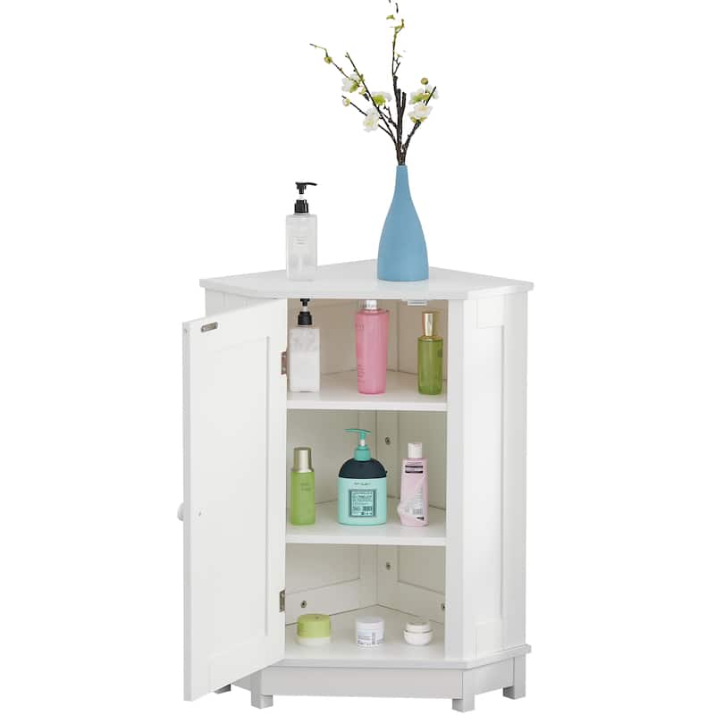 Bathroom Corner Storage Cabinet, Wood Single Door Corner Cabinet, Freestanding Organizer with Adjustable Shelves